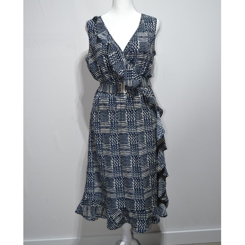 Banana Republic Faux Wrap Blue & Cream Ruffle Midi Dress With Belt Size 6